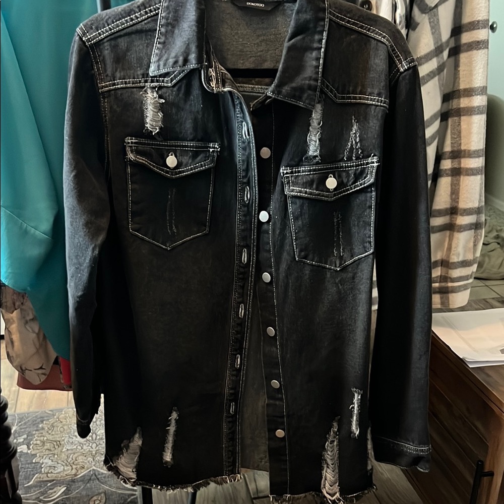 Black Oversized Jean Jacket with Distressed Look